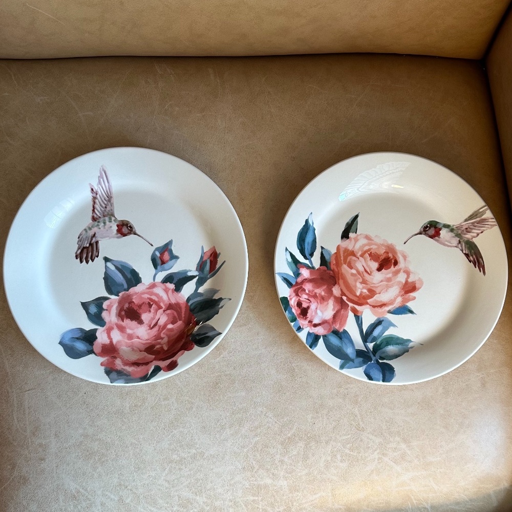 Pier 1 Hummingbirds and Roses 8.75" Ironstone Salad/Lunch Plates Set of 2